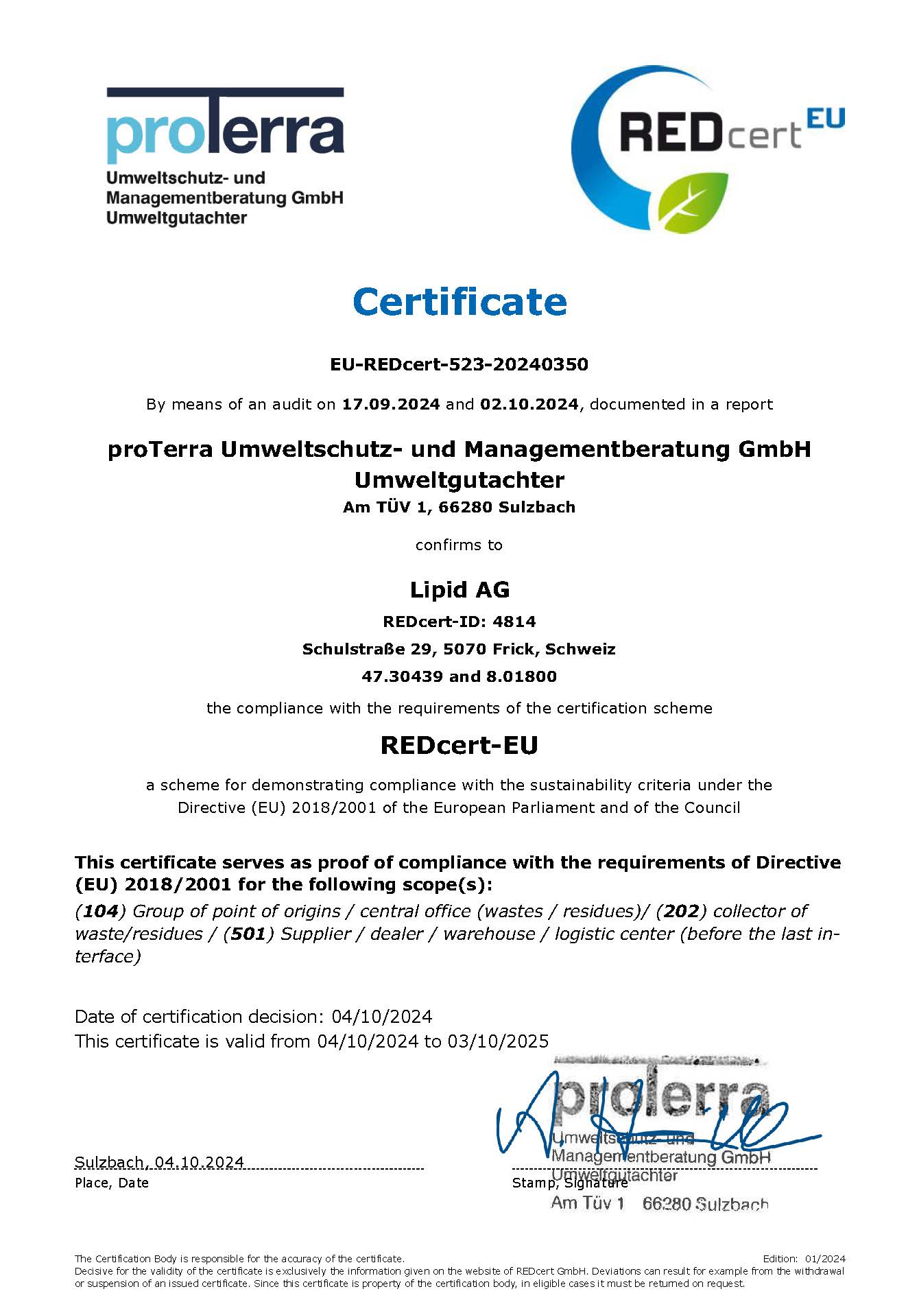 Certificate REDcert EU Lipid AG 2024 Seite 1