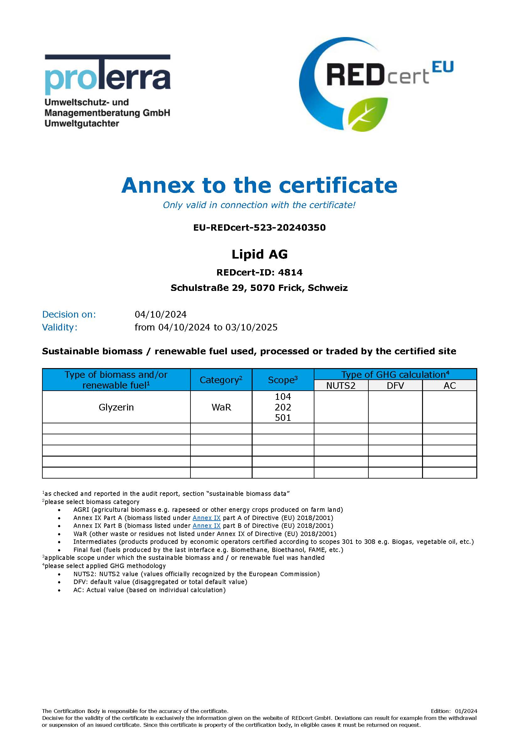 Certificate REDcert EU Lipid AG 2024 Seite 2